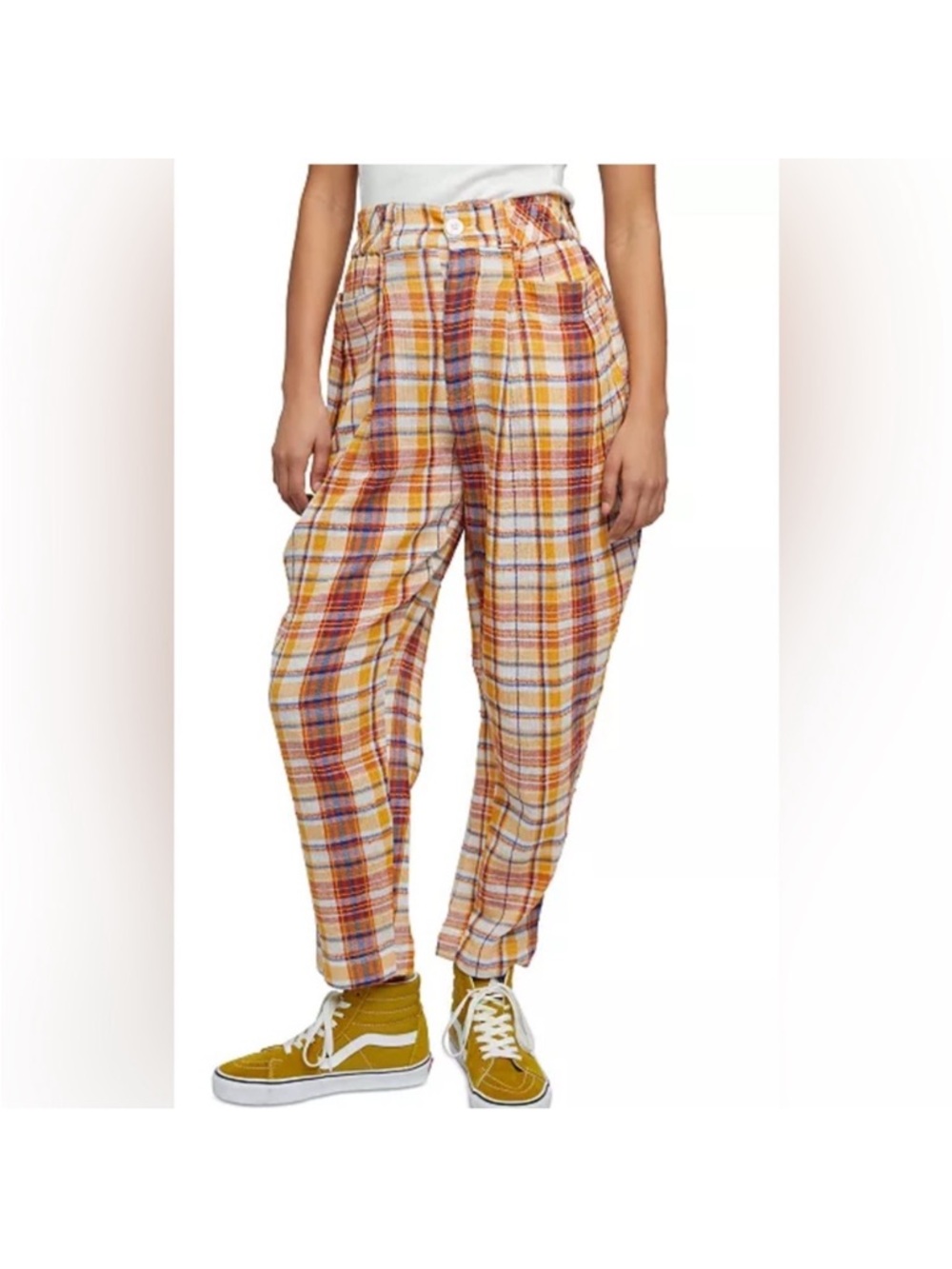 Free People Make A Stand Orange Plaid Cotton Relaxed Fit Preppy Pants Women M